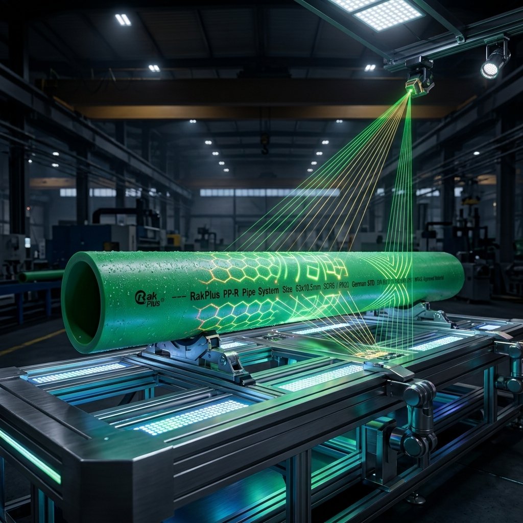 RAKPLUS PP-R pipe on high-tech laser inspection table inside industrial manufacturing facility